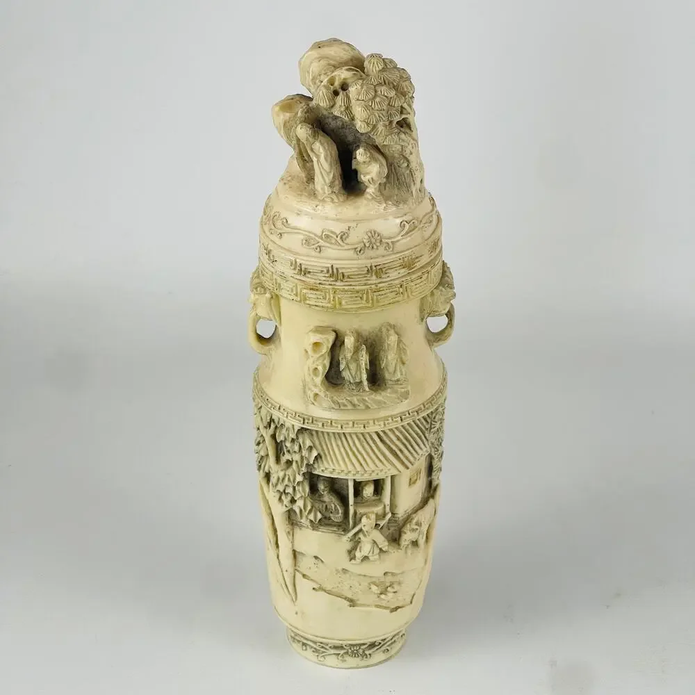 Vintage Ornate Chinese Hand Carved Composite Resin Decorative Vase with Lid